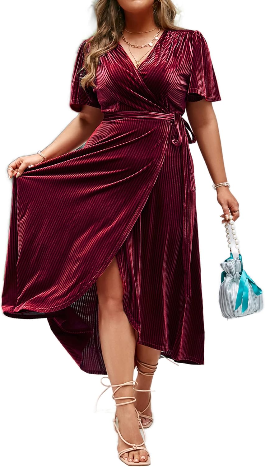 BerryGo Women's Velvet V Neck Wrap Semi Formal Maxi Dress
