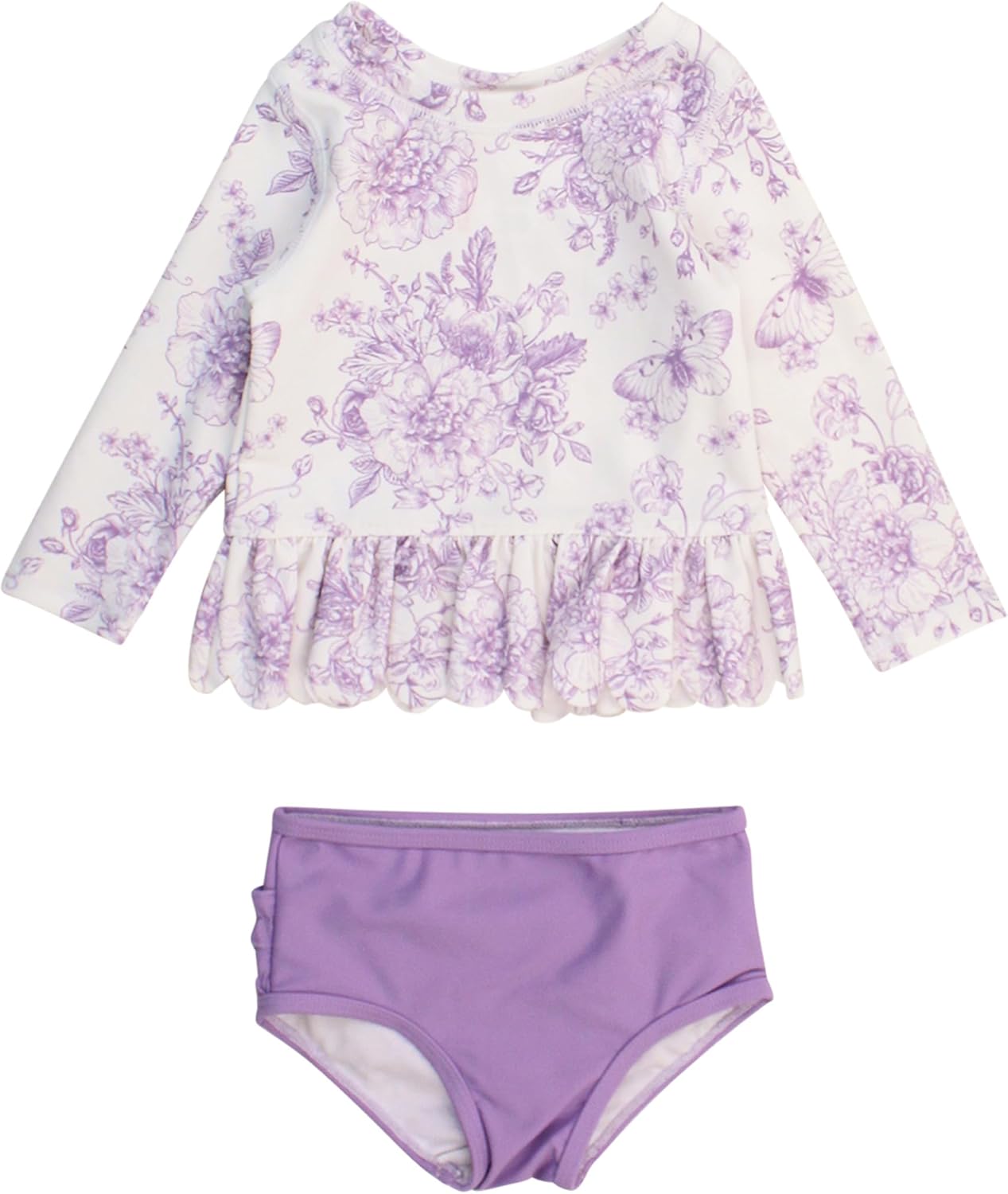 RuffleButts Baby Girls Scalloped Long Sleeve Rash Guard Swimsuit