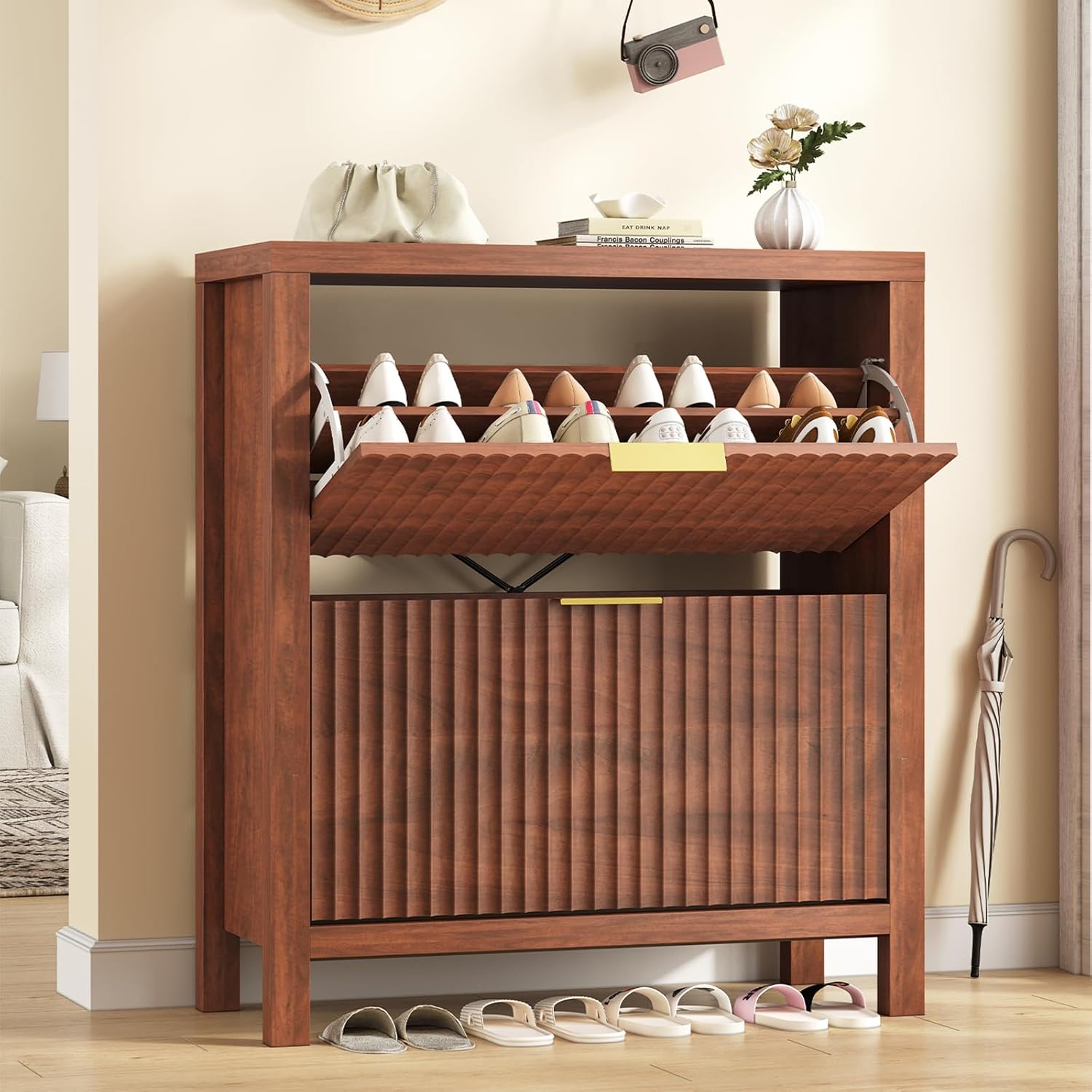 Fluted Shoe Cabinet Storage with 2 Flip Drawers for Entryway