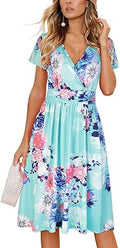 Women's V-Neck Floral Short Sleeve Party Dress with Pockets