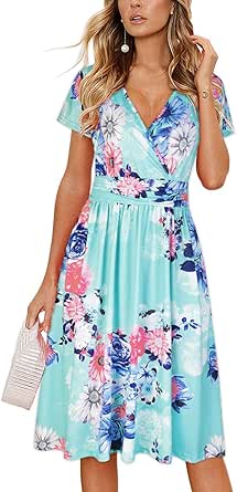 OUGES Women's Summer Short Sleeve V-Neck Floral Dress with Pockets