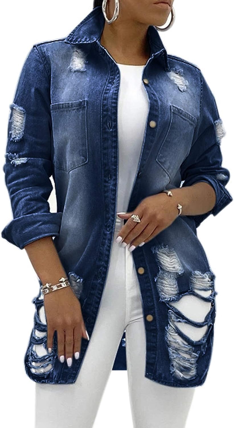 SeNight Women's Distressed Jean Jacket with Fray Hem and Tassels
