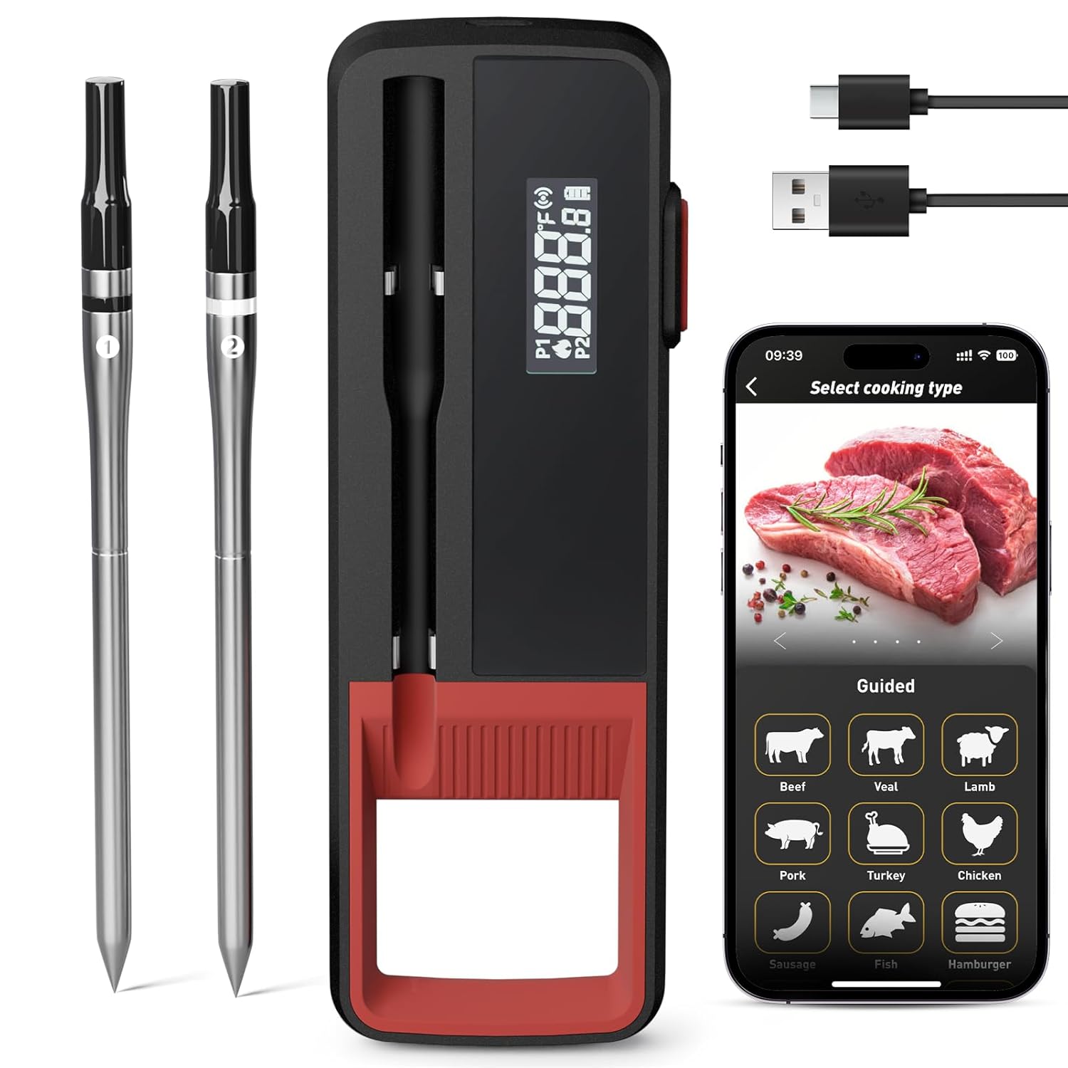 500FT Bluetooth Meat Thermometer - Dual Probes, LCD Display