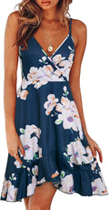 Womens Summer Floral Wrap Sun Dress - V Neck Ruffled Hem