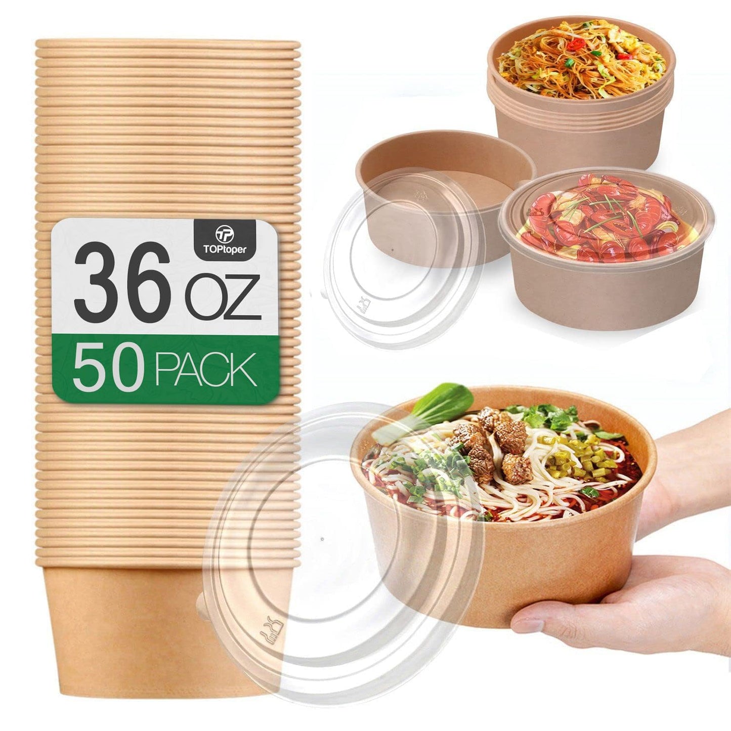 36Oz Large Paper Bowls with Lids for Hot and Cold Food Supplies