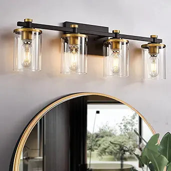 Stylish Black and Gold Bathroom Vanity Light with Clear Glass Shade