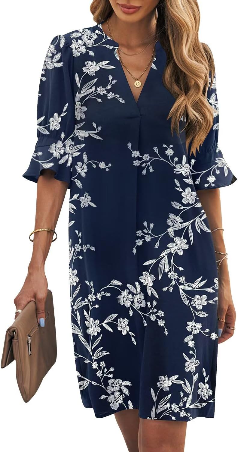 Wkior Shift Dress for Women V Neck Short Sleeves Casual Style