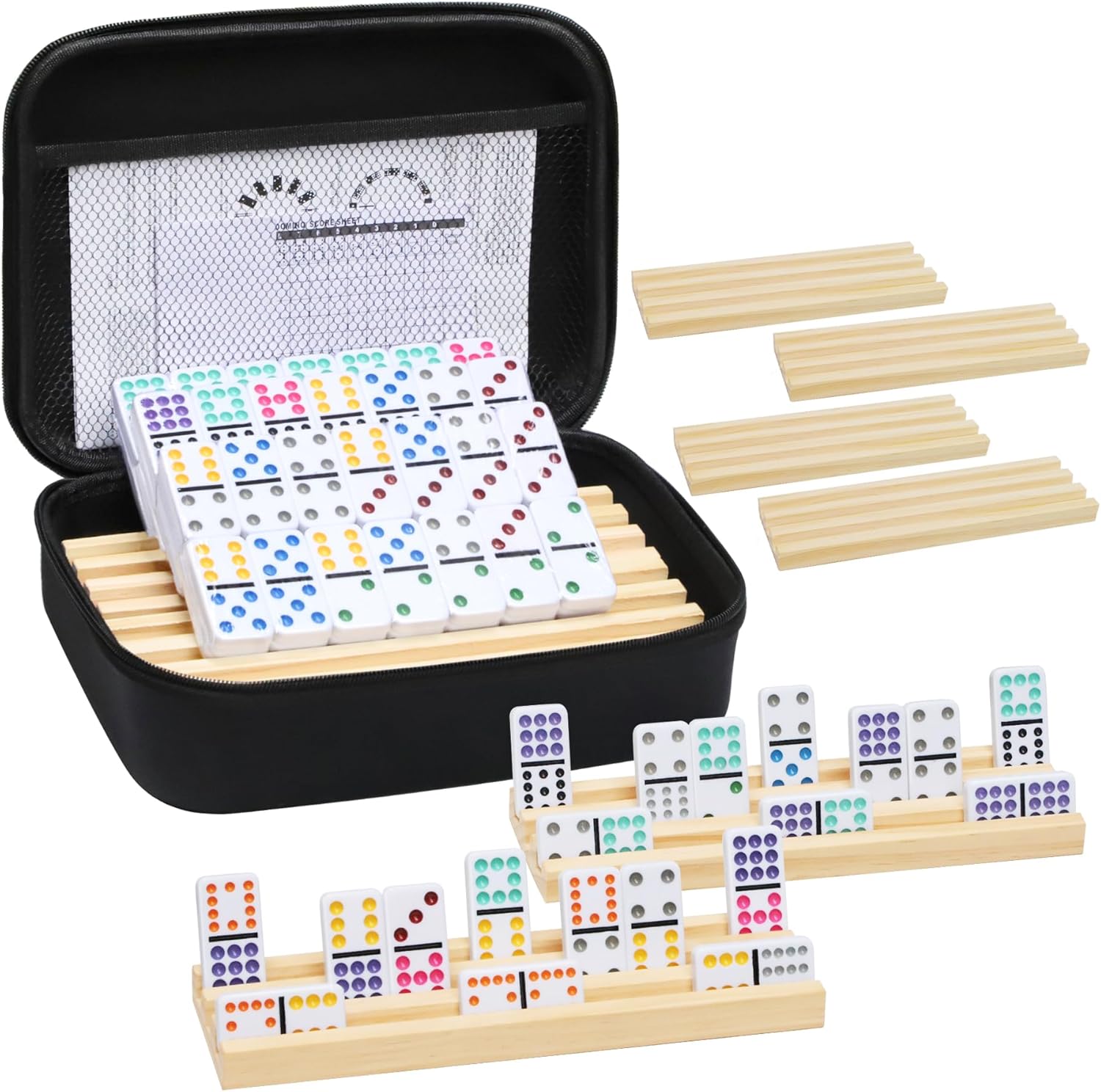 Mexican Train Dominoes Set with Wooden Trays for Family Fun