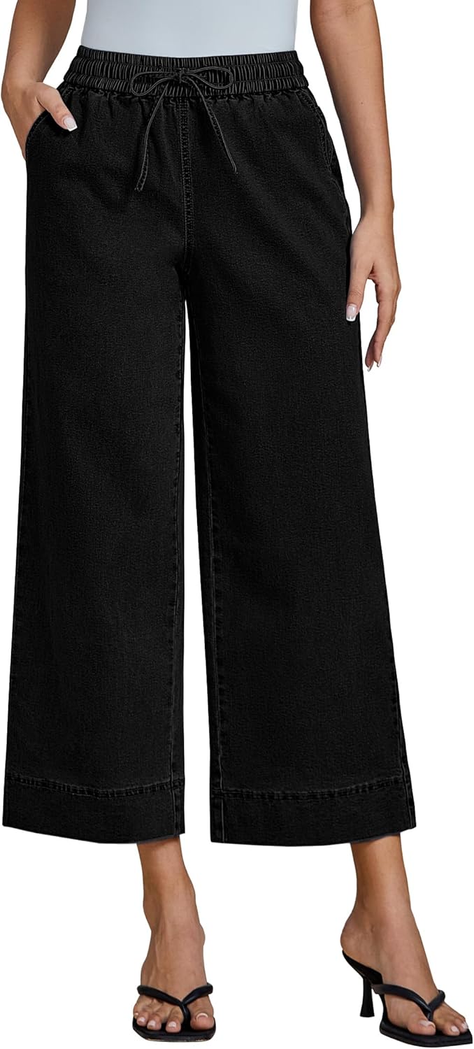 Wide Leg Jeans for Women High Waisted Cropped Pull On Style