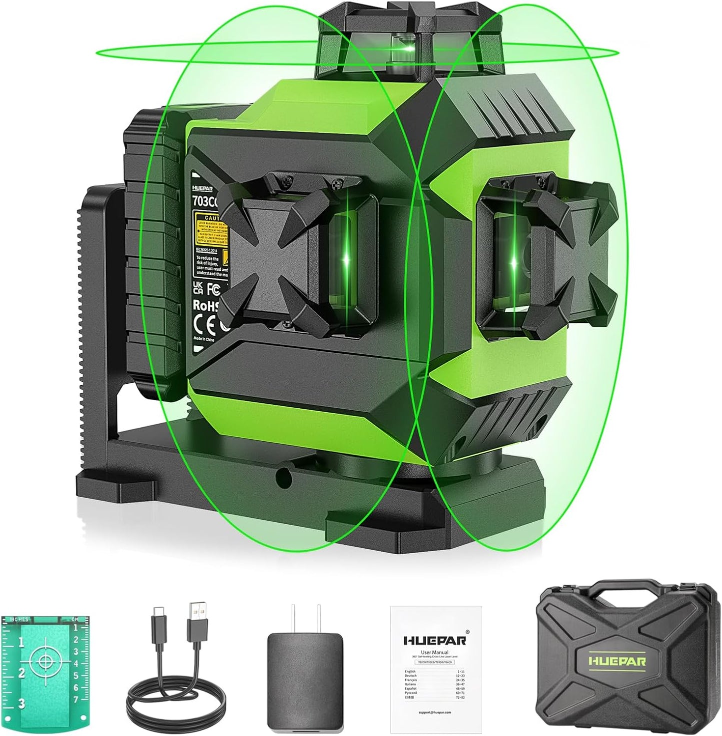Huepar Laser Level 3 x 360 Self-Leveling Green Laser Tool