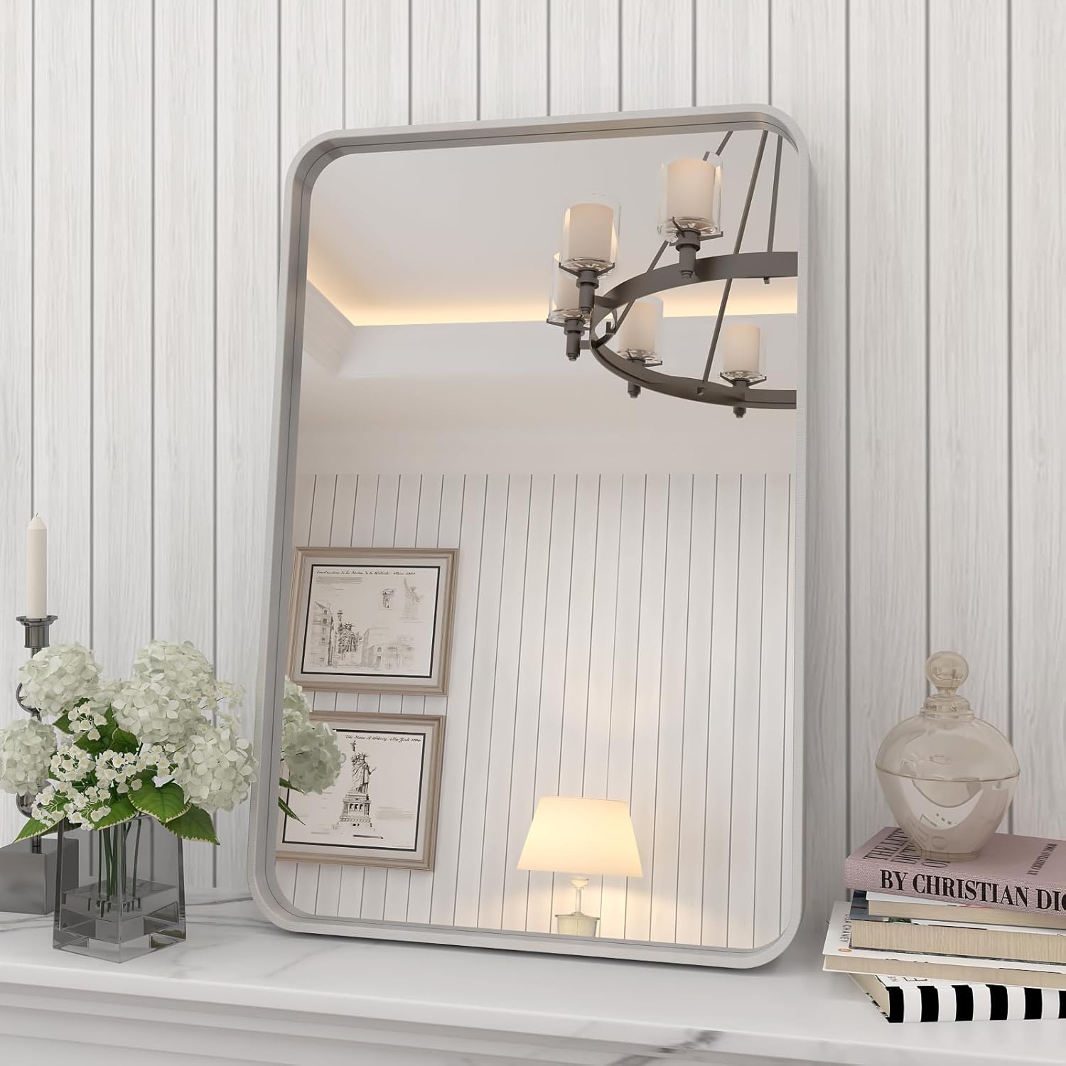 16x24 Inch Brushed Nickel Bathroom Mirror with Rounded Frame