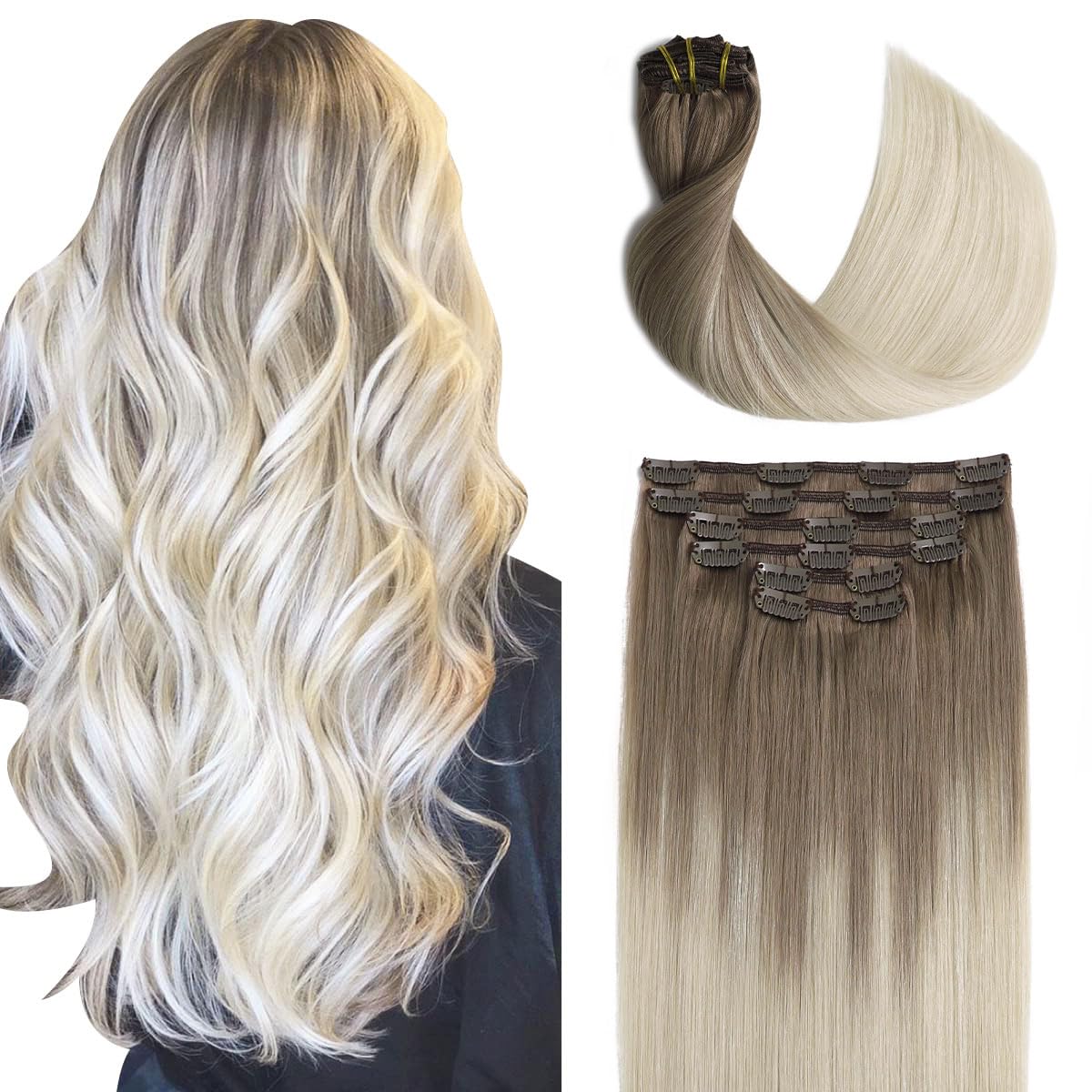 Sindra Clip in Hair Extensions 20in Ash Brown to Platinum Blonde