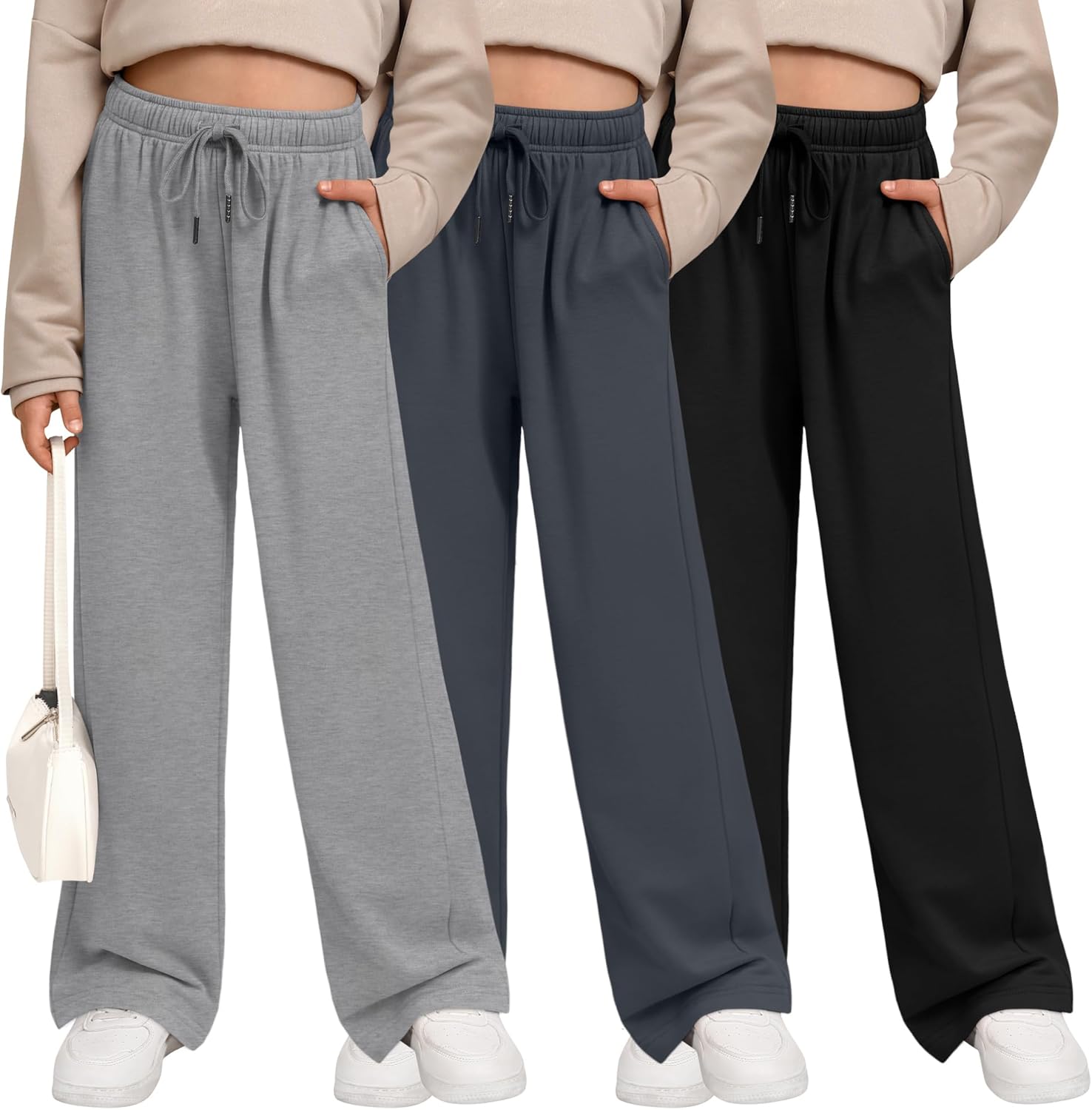3 Pack Girls' Sweatpants Wide Leg Casual Joggers with Pockets