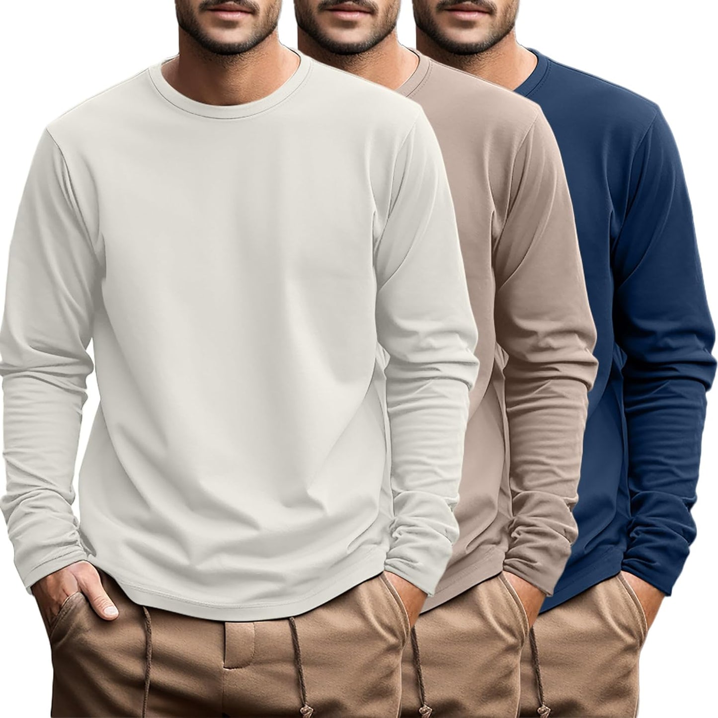 Ficerd 3 Pack Men's Big and Tall Long Sleeve Cotton Tees