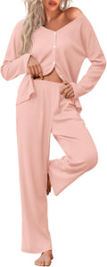 Ekouaer Womens Waffle Knit Pajamas Loungewear Two-piece - Soft