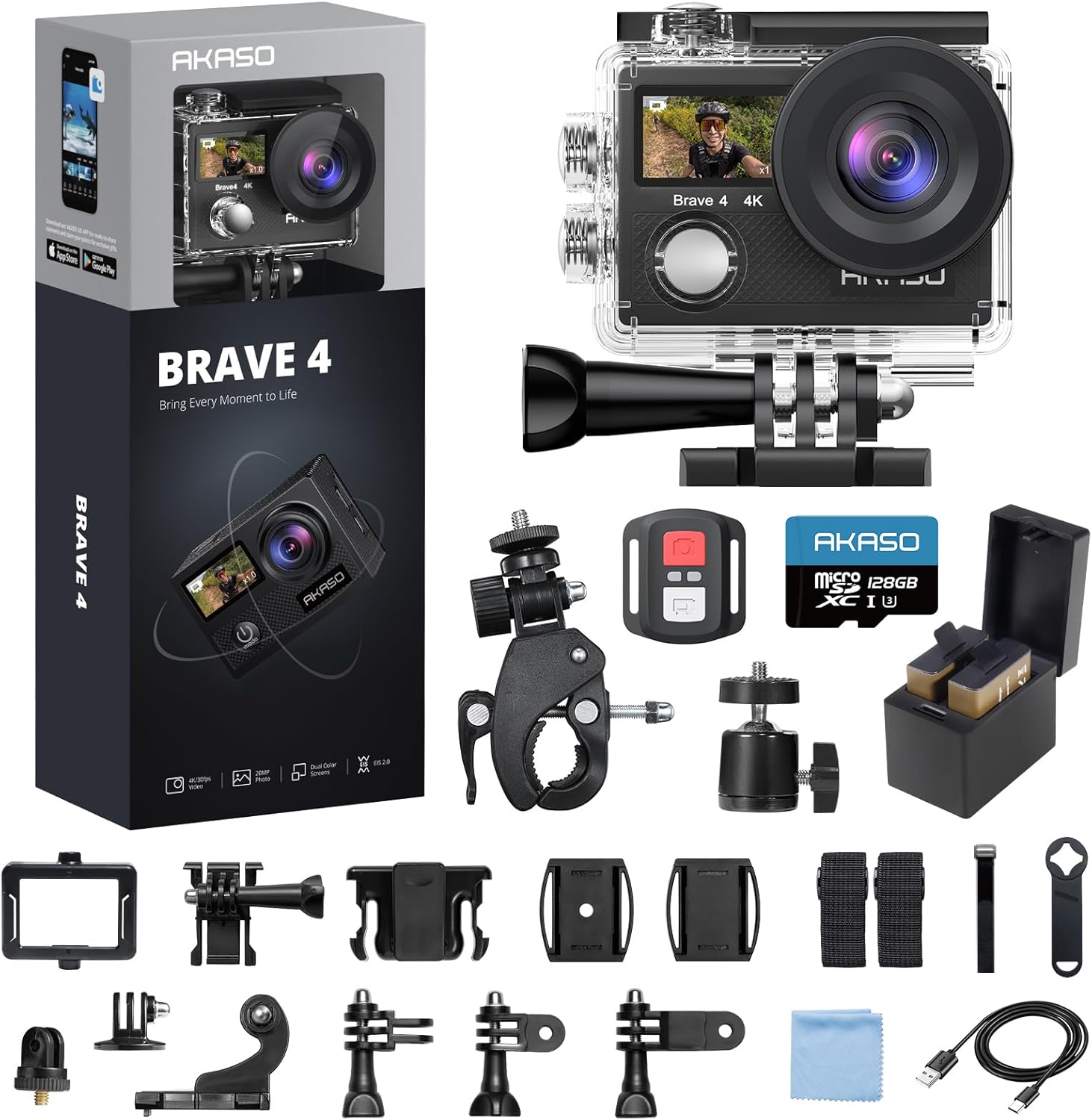 AKASO Brave 4 Action Camera 4K 30fps with 128GB Card Bundle