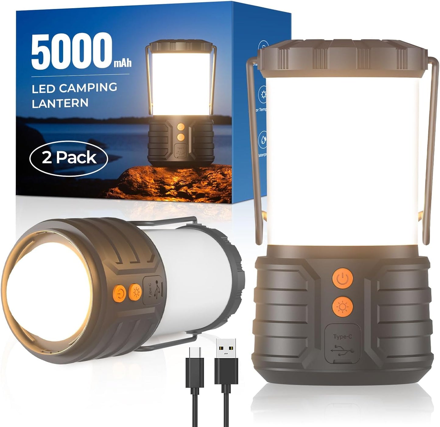 PopoIron 2-Pack Rechargeable Camping Lanterns IPX4 Waterproof