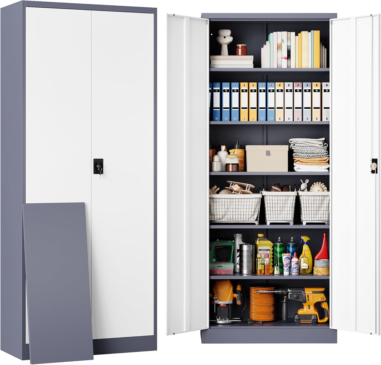 SISESOL 71in Metal Storage Cabinet with Adjustable Shelves and Lock
