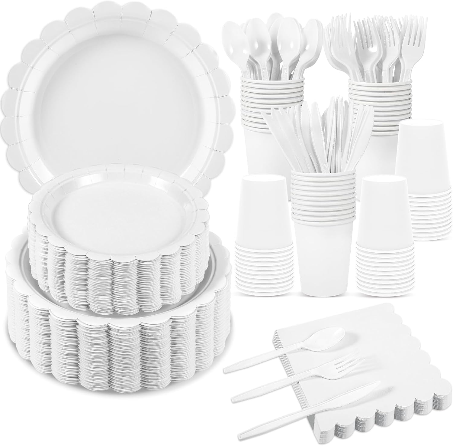 350 Pcs White Paper Plates and Napkins for Elegant Parties