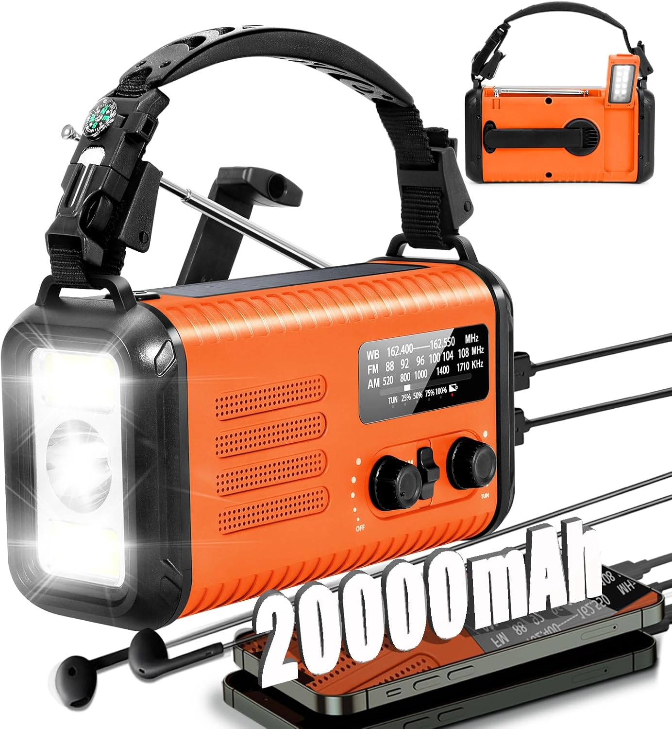 20000mAh Emergency Radio with Solar Hand Crank for Safety