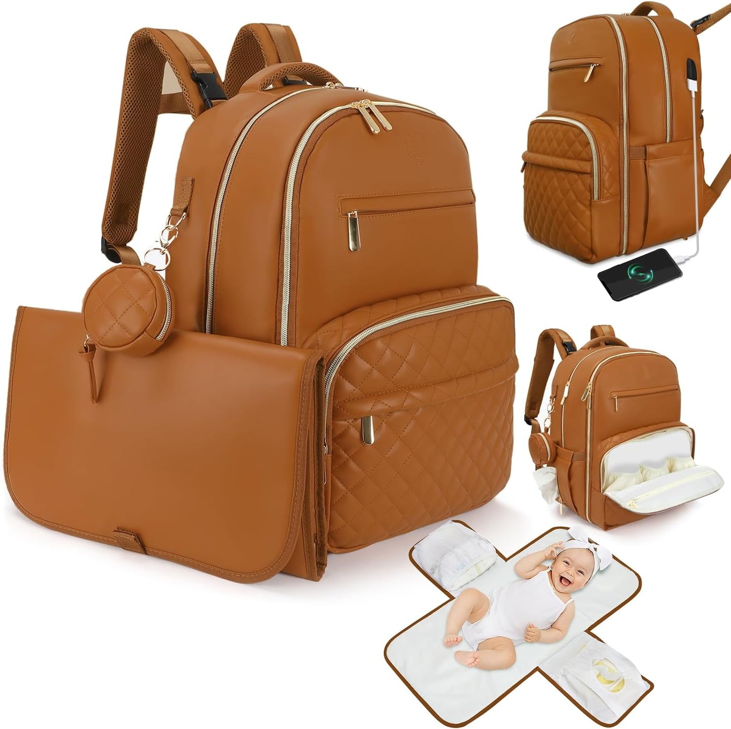 3-in-1 Faux Leather Diaper Bag Backpack for Stylish Parents