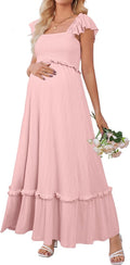 OUGES Womens Summer Maternity Photoshoot Dress - Boho Maxi Smocked