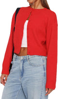 Women Y2K Button Front Crop Sweater Cardigan - Solid Crew Neck