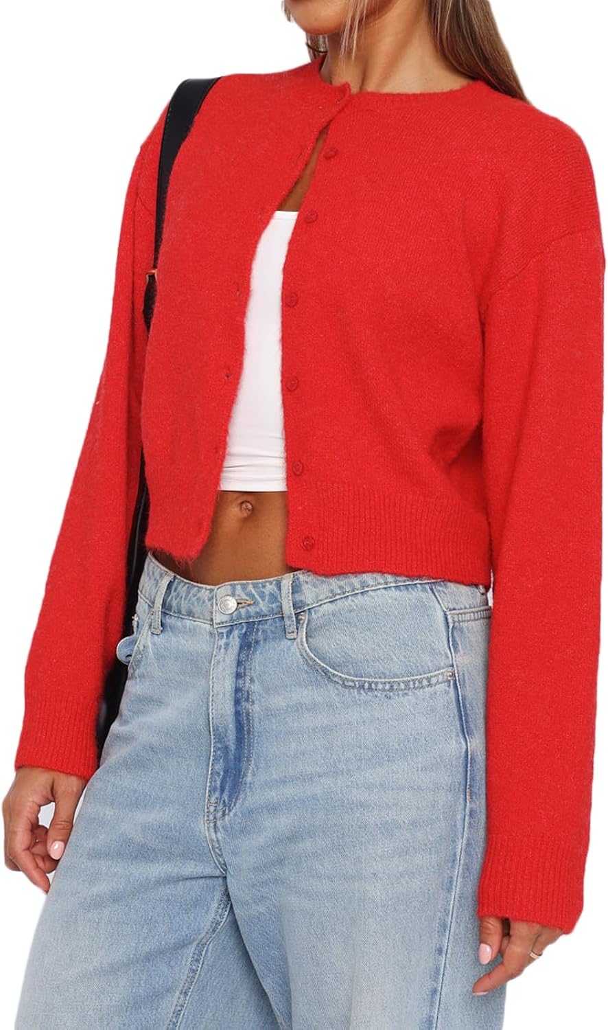 Y2K Button Front Crop Sweater Cardigan for Women in Solid Colors