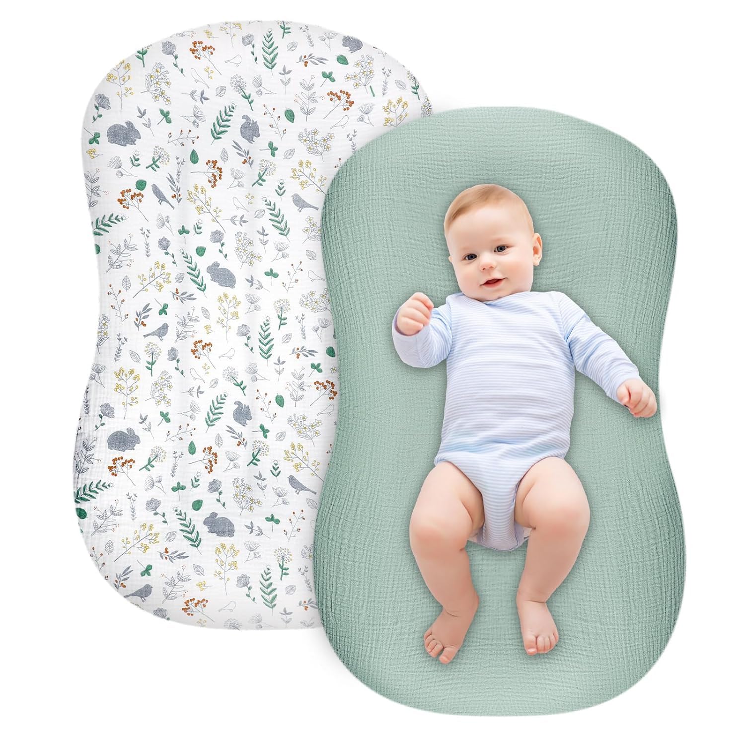 Soft Muslin Baby Lounger Covers - 2 Pack for Boys & Girls, Green Rabbit Design