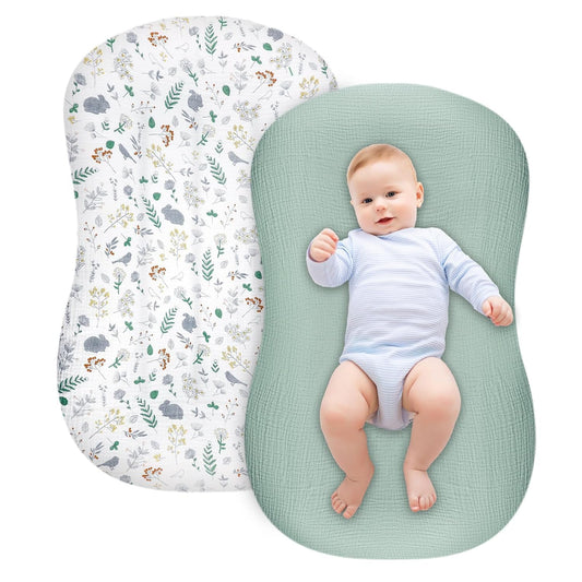 Soft Muslin Baby Lounger Covers - 2 Pack for Boys & Girls, Green Rabbit Design