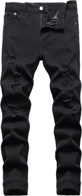 Mens Slim Fit Ripped Jeans - Stretchy Distressed Straight Leg