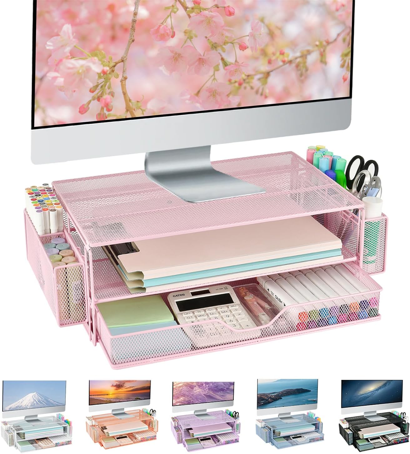 Pink Monitor Stand with Drawers & Desk Organizers