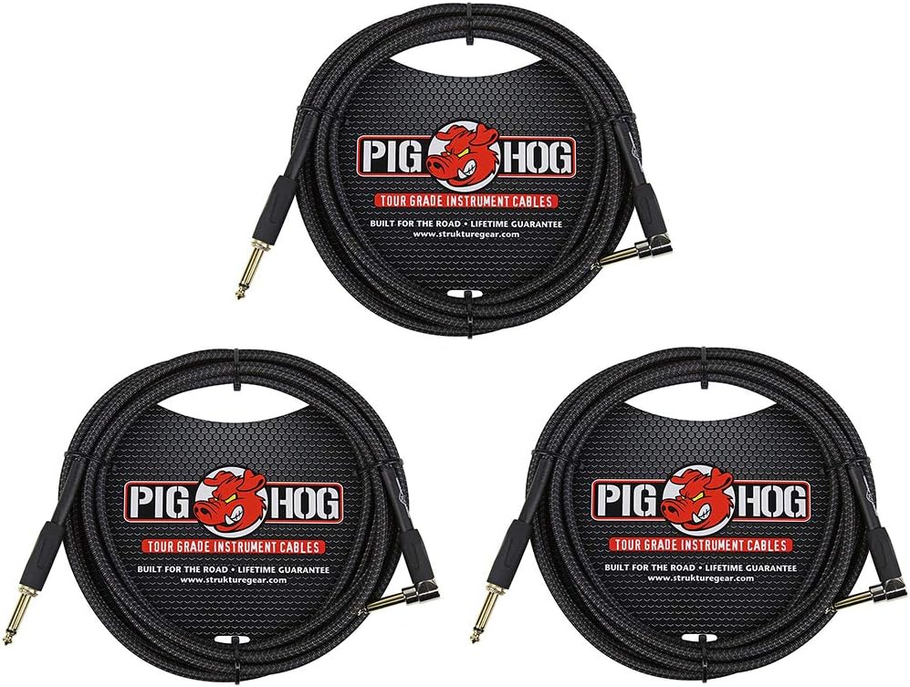 Premium Pig Hog Guitar Cables - 10ft Right-Angle, Black Woven (3-Pack)