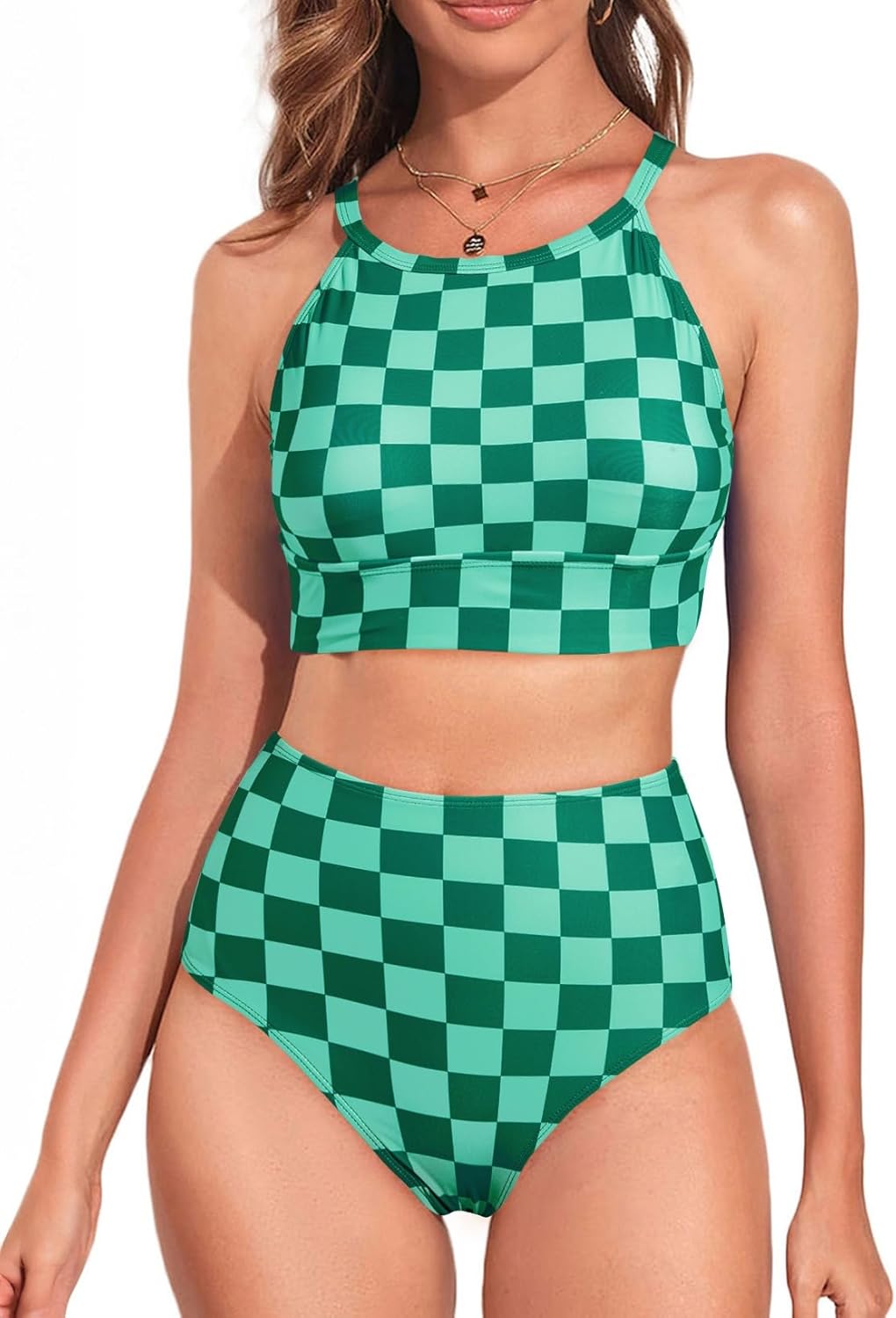 Herseas Women's High Neck Tropical Leaf Print Bikini Set
