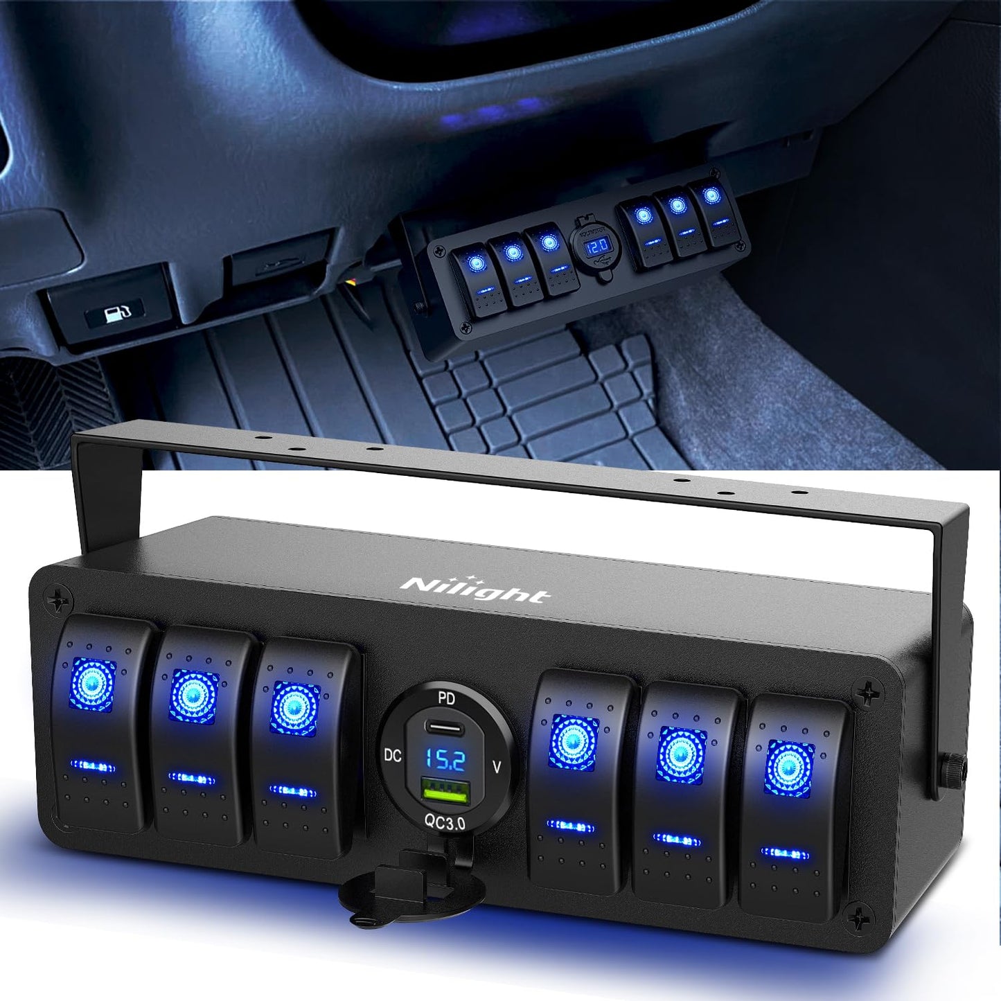 Nilight 6 Gang Rocker Switch Box with USB Charger and Voltmeter