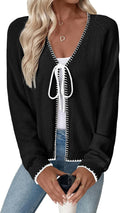 EVALESS Womens V Neck Bow Tie Chunky Knit Cardigan - Lightweight Fall