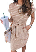 Women's Summer Striped T Shirt Dress with Pockets - Tie Waist Fit