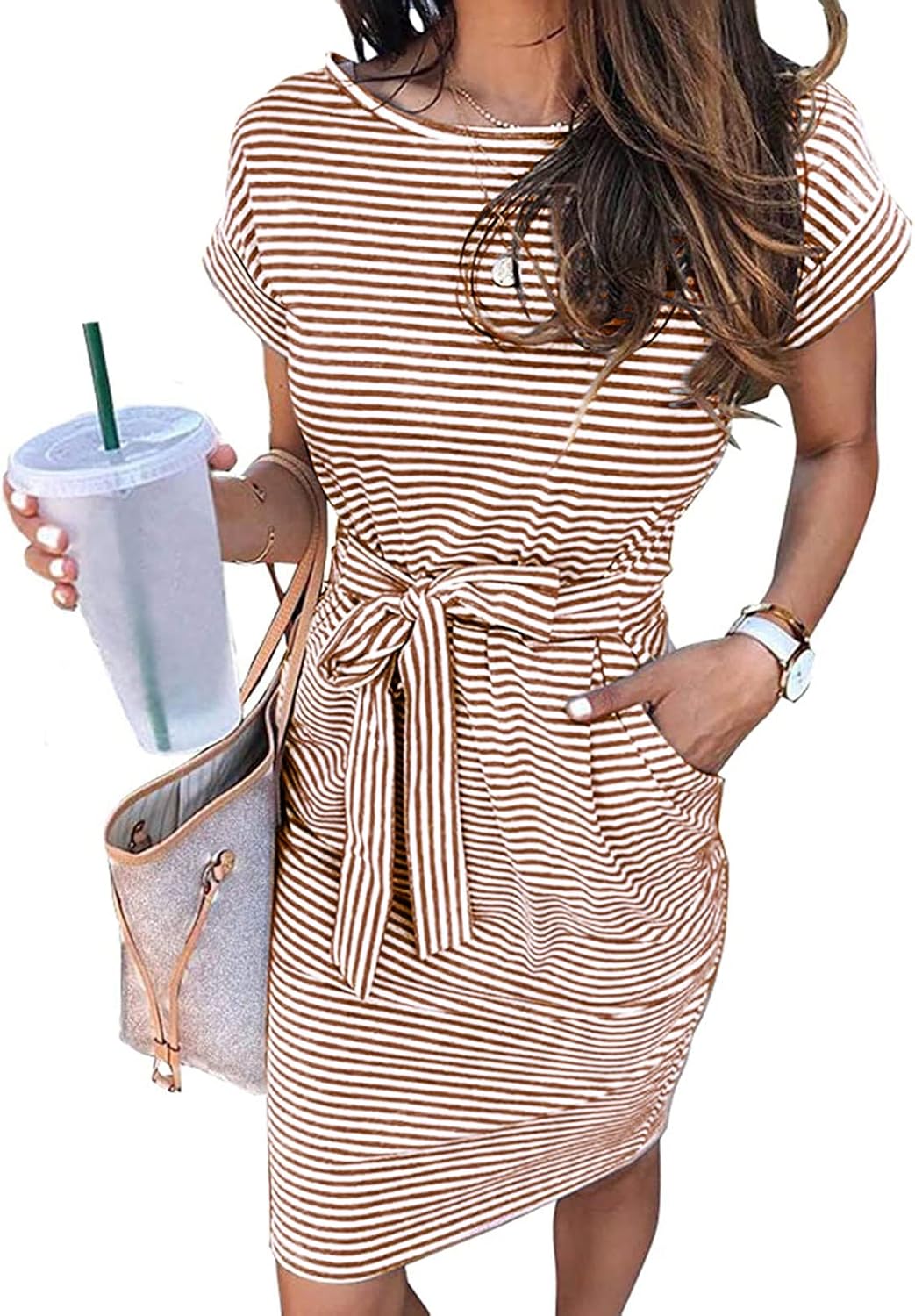 MEROKEETY Women's Summer Striped T Shirt Dress with Pockets