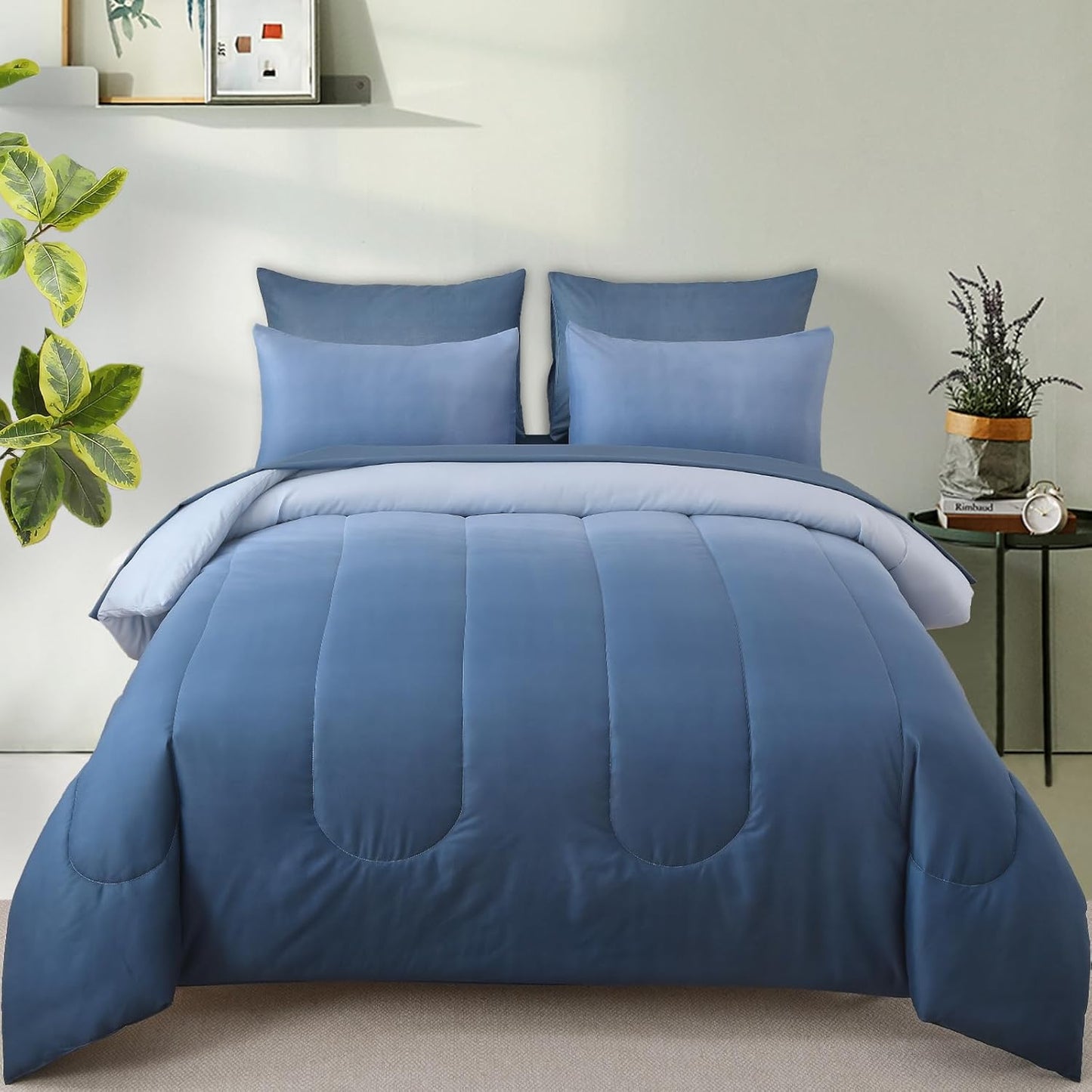 King Size Comforter Set - 7 Pieces Soft Gradient Blue Bed Set