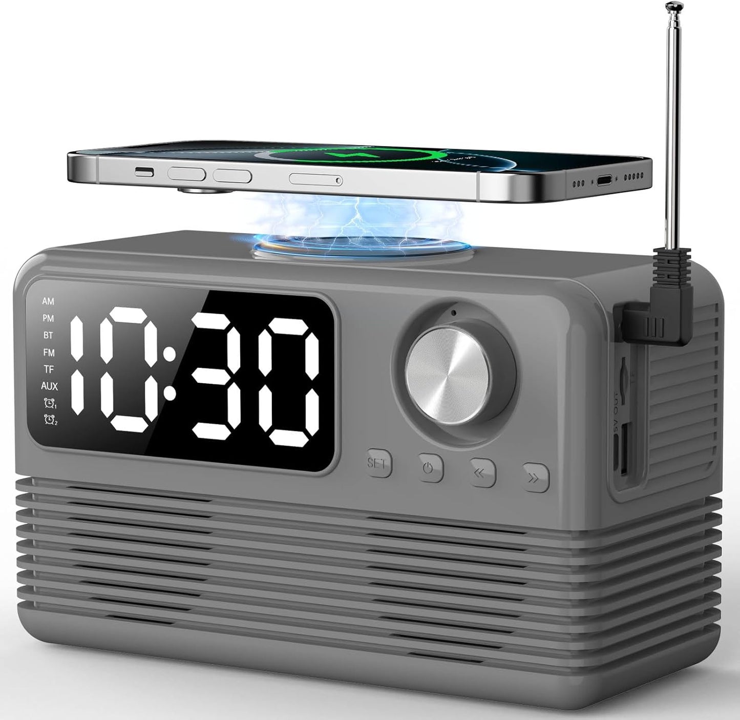 15W Fast Wireless Charger with Bluetooth Speaker and Alarm Clock