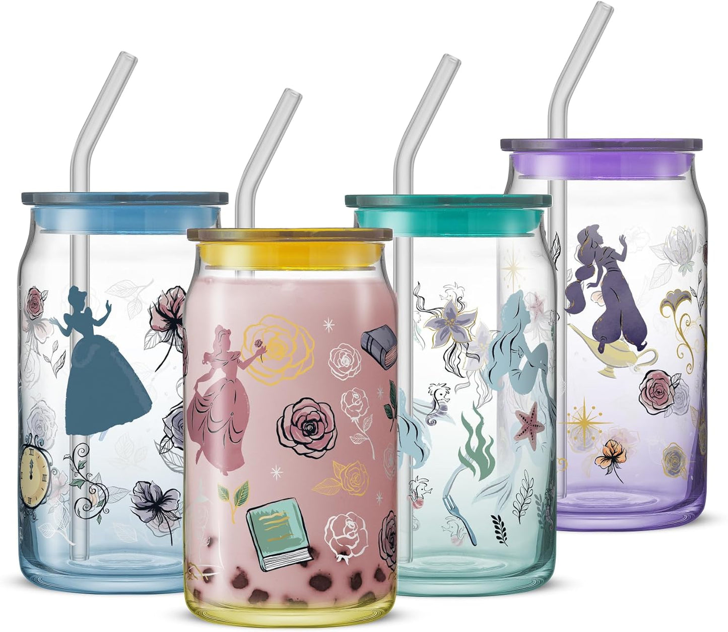 Disney Princess Icon Glass Tumblers with Lids and Straws Set