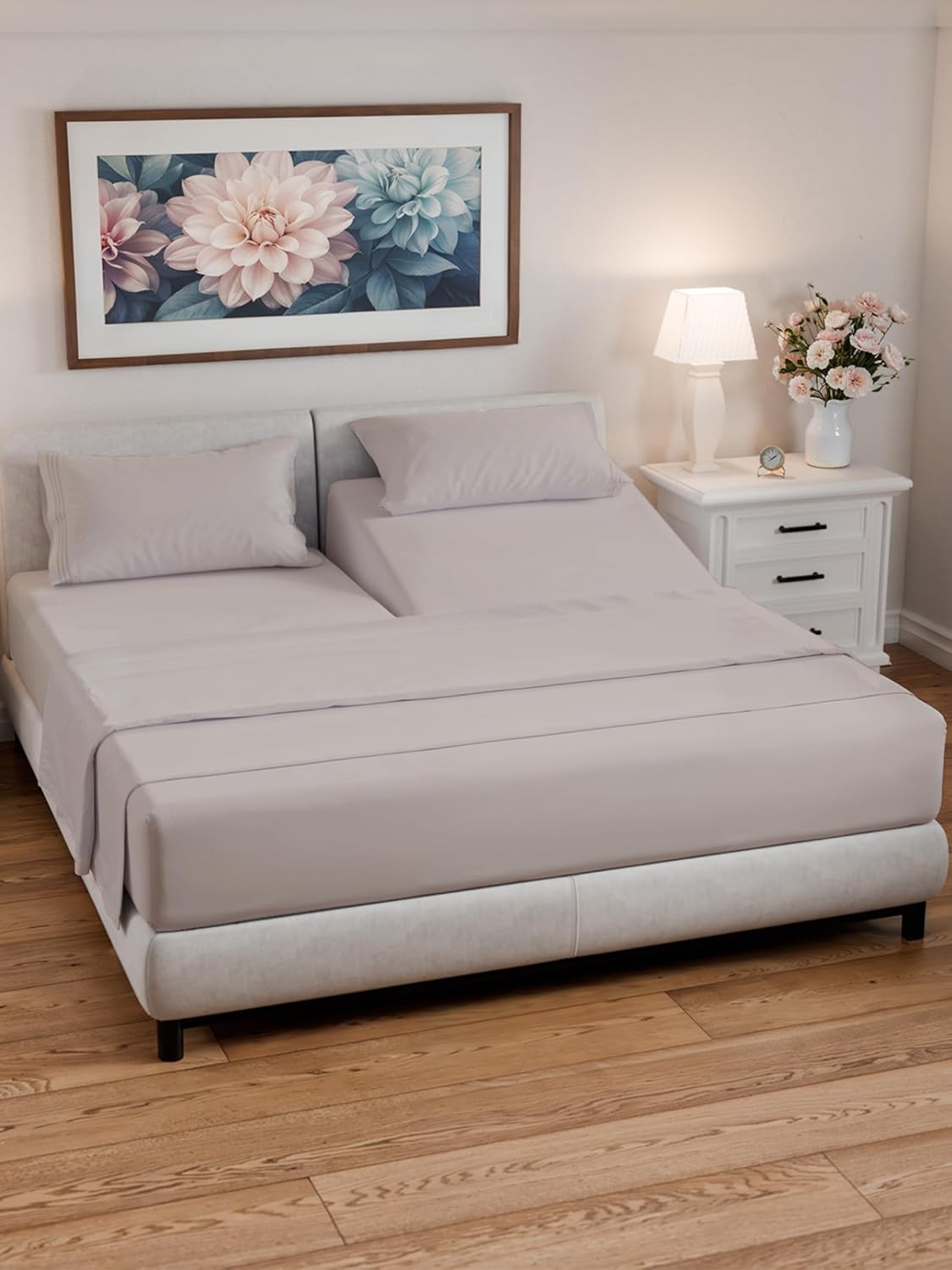 Split Head King Sheets Set for Adjustable Beds - Light Grey