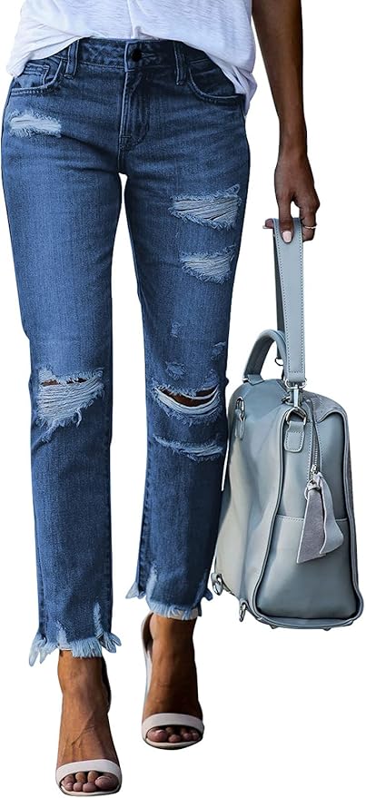 Dokotoo Women's Patchwork Destroyed Raw Hem Boyfriend Jeans Review