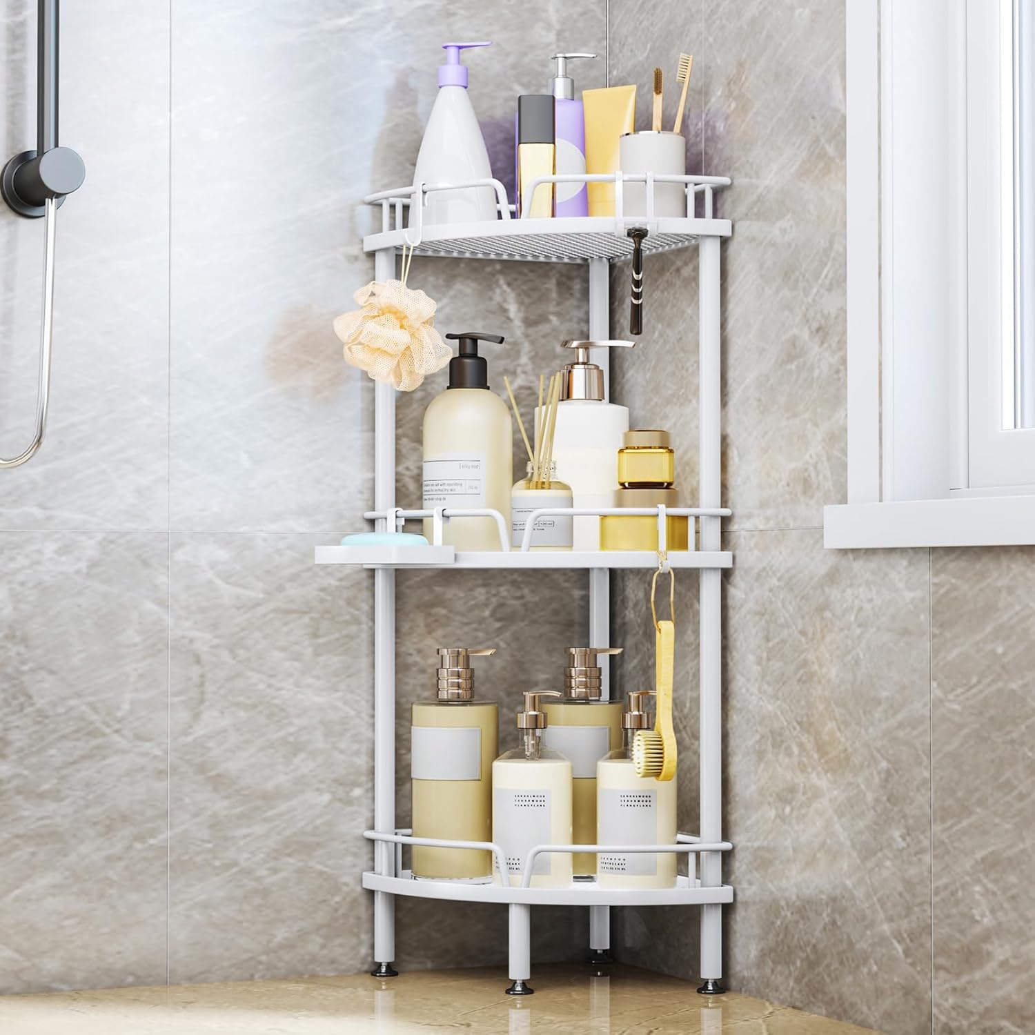 Consumest Corner Shower Caddy Stand - 3 Tier Organizer with Hooks