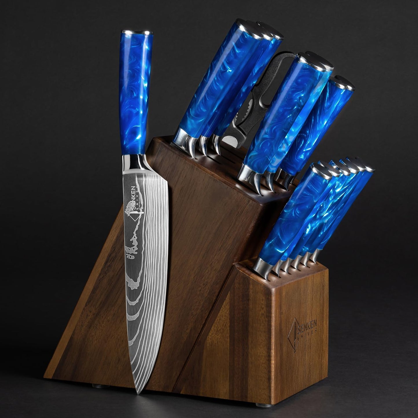 SENKEN 16-Piece Kitchen Knife Block Set with Blue Resin Handles