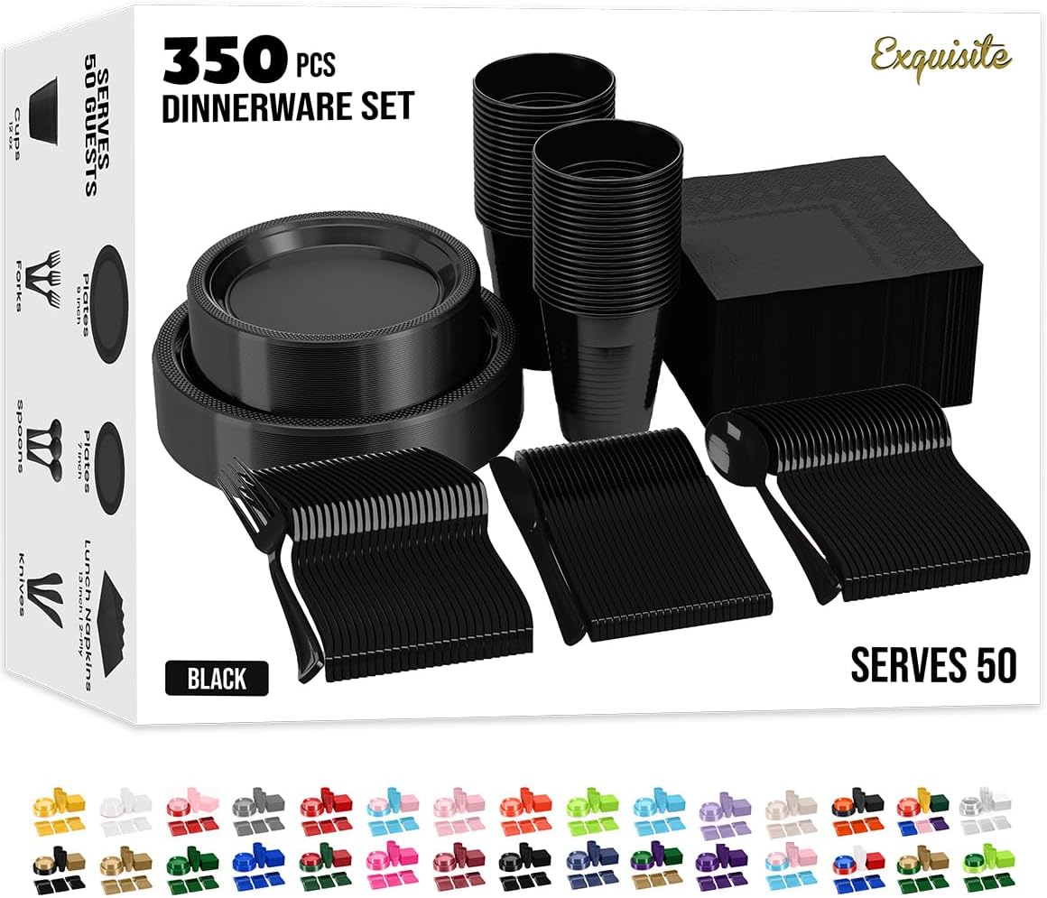 Black Plastic Plates Set for Party - 350 Pieces Dinnerware