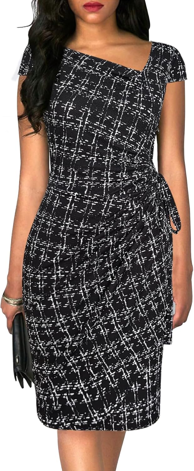 Women's Vintage Cap Sleeve Asymmetrical Neckline Bodycon Dress