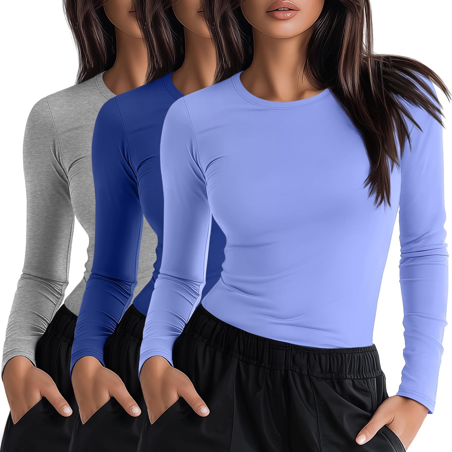 Neer 3 Pack Womens Long Sleeve Crewneck Underscrub Shirts
