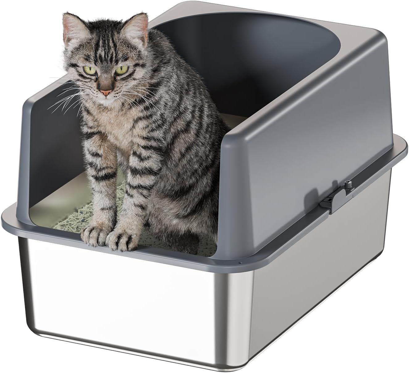 High-Sided Stainless Steel Litter Box with Lid for Cats
