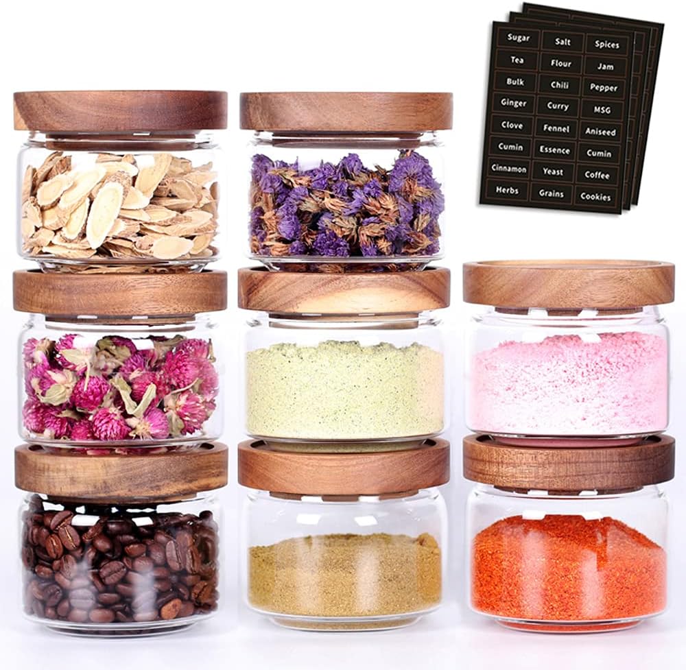 8 Pcs Glass Spice Containers with Acacia Airtight Lid for Kitchen